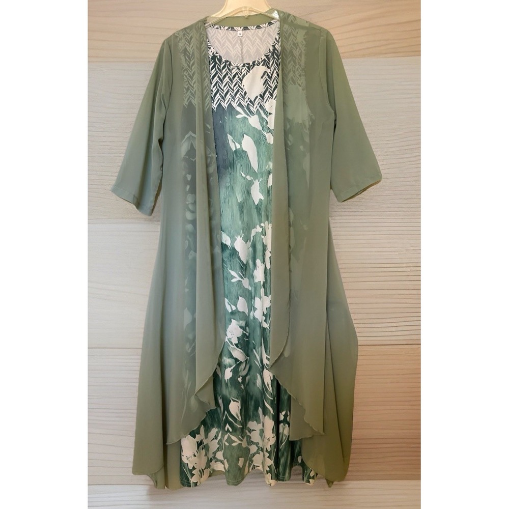 2 Pc Womens Dress Set Medium Green Floral Midi Maxi Dress Sheer Overlay Jacket
